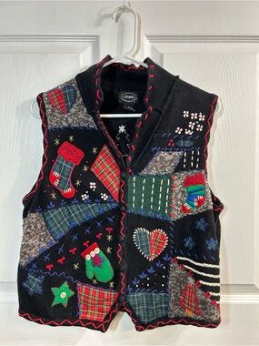 Designers Studio Christmas Sweater Vest XL Patchwork Embellished